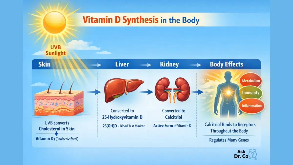 Vitamin D synthesis pathway from skin to liver to kidney