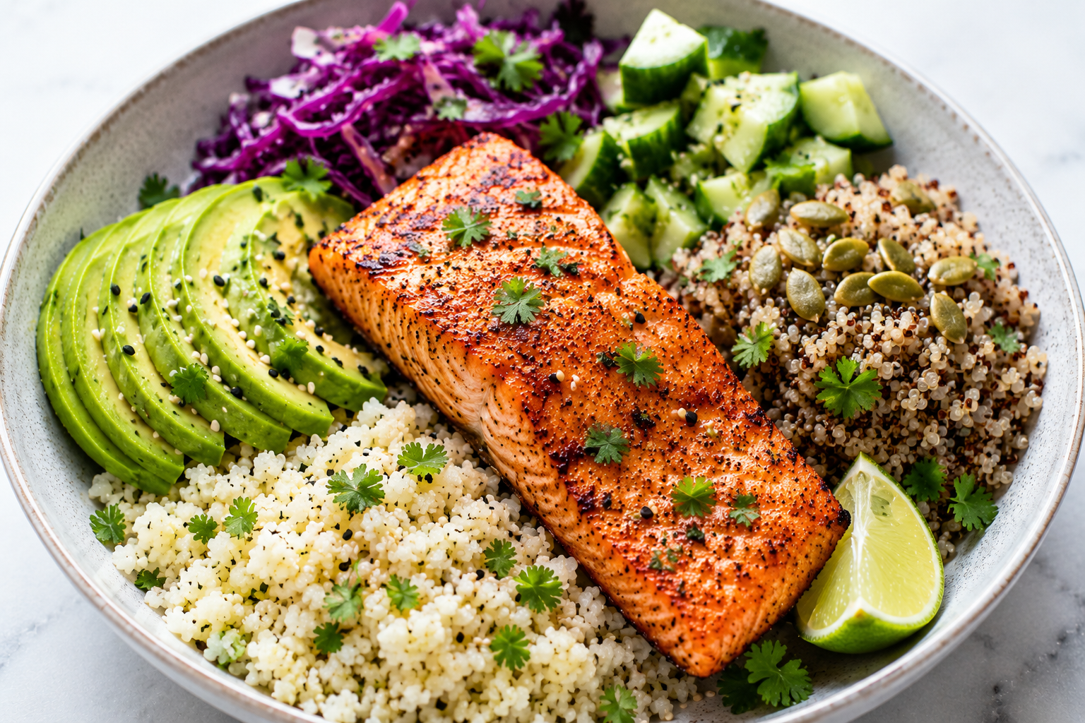 Omega-3 Power Bowl featuring grilled salmon, quinoa, cauliflower rice, avocado, purple cabbage, cucumber, pumpkin seeds, cilantro, and lime.