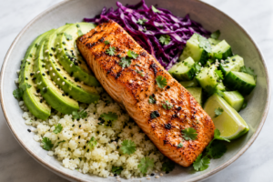 Omega-3 Power Bowl featuring baked salmon, avocado, cauliflower rice, purple cabbage, cucumber, cilantro, sesame seeds, and lime in a high-protein low-carb meal.