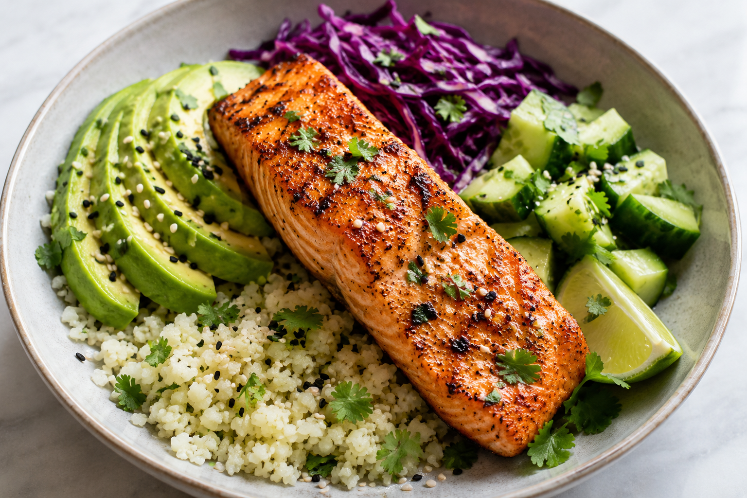 Omega-3 Power Bowl featuring baked salmon, avocado, cauliflower rice, purple cabbage, cucumber, cilantro, sesame seeds, and lime in a high-protein low-carb meal.