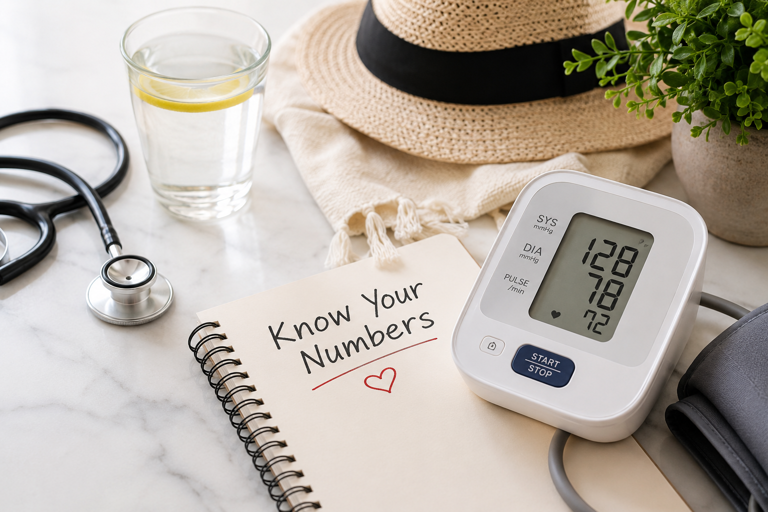 Digital blood pressure monitor beside a glass of water, stethoscope, and summer hat illustrating how hot weather affects blood pressure, hydration, and hypertension management.